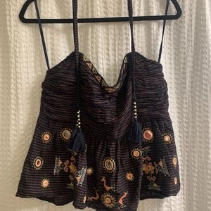 Free People Sweet Safari Halter Mirror Embroidered Striped Smocked Blouse Top M